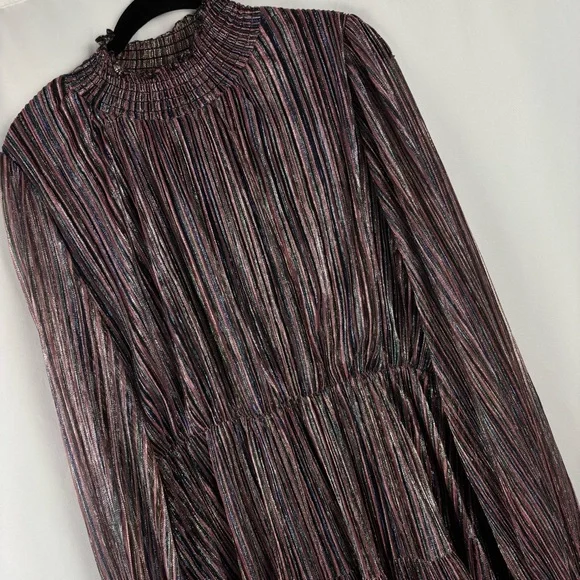 NWT O.P.T Women’s Metallic Striped Ruffle Long Sleeve Smock Neck Party Dress, XL - Picture 12 of 15